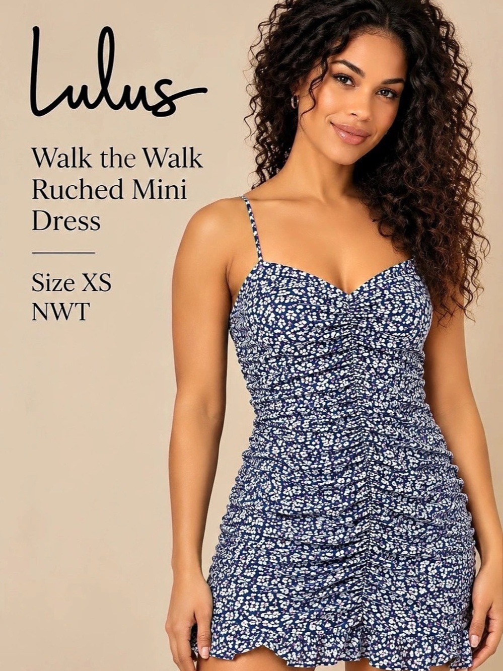 Lulus Walk the Walk Blue Floral Ruched Bodycon Mini Dress XS NWT